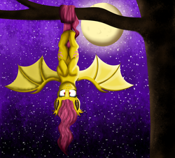 Size: 1024x924 | Tagged: safe, artist:shadeila, fluttershy, g4, fangs, female, flutterbat, moon, solo, spread wings, upside down