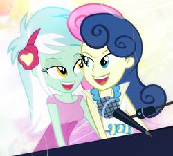 Size: 900x814 | Tagged: safe, artist:pixelkitties, bon bon, lyra heartstrings, sweetie drops, equestria girls, g4, my little pony equestria girls: rainbow rocks, cheek squish, duo, scene interpretation, shipping, sweet lyres