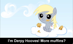 Size: 1600x973 | Tagged: safe, derpy hooves, pegasus, pony, g4, baby, baby pony, bronybait, caption, chibi, cloud, cs captions, cute, derpabetes, diaper, filly, foal, muffin
