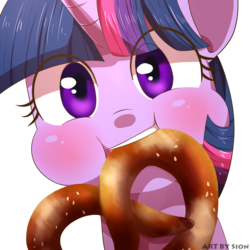 Size: 1500x1500 | Tagged: safe, artist:sion, twilight sparkle, pony, unicorn, g4, blushing, commission, cute, eating, female, food, looking at you, mare, mouth hold, nom, pretzel, pretzel coordination, puffy cheeks, solo, twiabetes, twipretzel