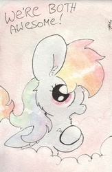 Size: 684x1048 | Tagged: safe, artist:slightlyshade, rainbow dash, pegasus, pony, g4, cloud, crossed hooves, female, looking at you, mare, positive ponies, solo, traditional art