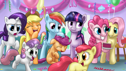 Size: 960x540 | Tagged: safe, artist:rautakoura, apple bloom, applejack, fluttershy, pinkie pie, rainbow dash, rarity, scootaloo, sweetie belle, twilight sparkle, my little investigations, g4, cake, cutie mark crusaders, mane six, noogie, party, pin the tail on the pony, scootalove