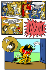 Size: 1280x1920 | Tagged: safe, artist:joeywaggoner, derpy hooves, doctor whooves, time turner, oc, oc:sparky sue, oc:tick tock, pegasus, pony, g4, doctor who, female, mare, tardis, tardis console room, tardis control room, the doctor