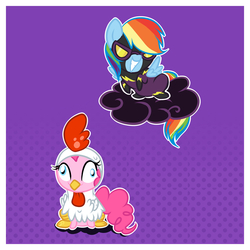 Size: 2100x2100 | Tagged: safe, artist:xwhitedreamsx, pinkie pie, rainbow dash, g4, luna eclipsed, animal costume, chicken pie, chicken suit, clothes, cloud, costume, derp, high res, nightmare night, on a cloud, shadowbolt dash, shadowbolts costume, simple background