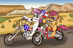 Size: 1800x1200 | Tagged: safe, artist:spot152, scootaloo, sweetie belle, g4, easy rider, motorcycle
