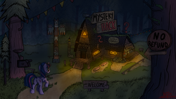 Size: 1920x1080 | Tagged: safe, artist:katsu, twilight sparkle, alicorn, pony, g4, crossover, dirt, female, grass, gravity falls, house, male, mare, mystery shack, solo, totem, twilight sparkle (alicorn), wallpaper