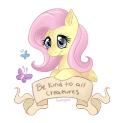 Size: 900x900 | Tagged: dead source, safe, artist:lovebyytes, fluttershy, butterfly, pegasus, pony, g4, in character, old banner, positive message, solo