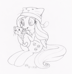 Size: 582x600 | Tagged: safe, artist:dfectivedvice, fluttershy, cat, g4, female, grayscale, hat, monochrome, solo, traditional art