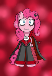 Size: 763x1111 | Tagged: safe, artist:blairchan231, pinkie pie, bat, spider, vampire, g4, cape, clothes, costume, dracula, fangs, female, fishnet stockings, halloween, nightmare night, solo, spider web