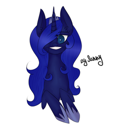 Size: 2500x2500 | Tagged: safe, artist:sannykat, princess luna, pony, g4, female, hair over one eye, high res, jewelry, looking at you, mare, regalia, simple background, smiling, solo, white background