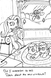 Size: 437x667 | Tagged: safe, artist:jberg18, fluttershy, rainbow dash, g4, dialogue, female, lesbian, magical lesbian spawn, monochrome, newspaper, offspring, parent:fluttershy, parent:rainbow dash, parents:flutterdash, rug, ship:flutterdash, shipping, television, the far side, this will end in tears, window