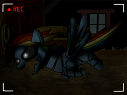 Size: 2048x1536 | Tagged: safe, artist:birdivizer, rainbow dash, five nights at aj's, g4, camera, camera shot, female, five nights at freddy's, flying, glowing eyes, solo