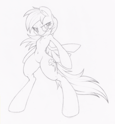 Size: 743x800 | Tagged: safe, artist:dfectivedvice, rainbow dash, pegasus, pony, semi-anthro, g4, arm hooves, belly button, bipedal, black and white, female, grayscale, mare, monochrome, simple background, sketch, solo, standing, white background