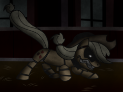 Size: 1024x768 | Tagged: safe, artist:birdivizer, applejack, pony, robot, robot pony, five nights at aj's, g4, angry, animatronic, camera, female, five nights at freddy's, glowing eyes, nose wrinkle, solo, watching