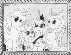 Size: 3245x2514 | Tagged: safe, artist:the1king, princess luna, oc, oc:azure night, oc:azure zecron, oc:seline, g4, azuna, canon x oc, family, family photo, father and daughter, high res, monochrome, mother and daughter, mother and son, offspring, parent:oc:azure night, parent:princess luna, parents:azuna, parents:canon x oc