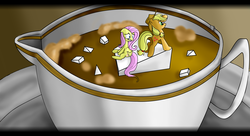 Size: 2034x1108 | Tagged: safe, artist:papaudopoulos69, applejack, fluttershy, earth pony, pegasus, pony, g4, coffee, duo, female, micro
