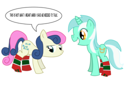 Size: 2390x1720 | Tagged: safe, artist:dragonpony, bon bon, lyra heartstrings, sweetie drops, g4, clothes, dialogue, grin, lidded eyes, looking back, simple background, socks, toe socks, transparent background
