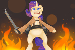 Size: 600x400 | Tagged: safe, artist:janegumball, rarity, pony, g4, attack on titan, bipedal, clothes, female, fire, solo, sword