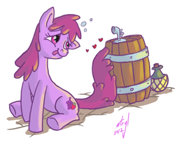 Size: 796x650 | Tagged: safe, artist:atryl, berry punch, berryshine, earth pony, pony, g4, barrel, drunk, female, floating heart, heart, keg, mare, solo, that pony sure does love alcohol, wine bottle