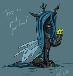 Size: 1147x1200 | Tagged: safe, artist:atryl, queen chrysalis, changeling, changeling queen, g4, cheese, cheeselegs, crown, fangs, female, jewelry, regalia, solo