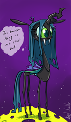 Size: 1000x1719 | Tagged: safe, artist:atryl, queen chrysalis, changeling, changeling queen, g4, cheese, female, moon, skinny, solo, thin, to the moon