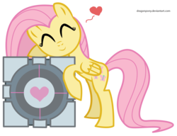 Size: 2210x1700 | Tagged: safe, artist:dragonpony, fluttershy, pegasus, pony, g4, bipedal, cargo ship, companion cube, crossover, eyes closed, female, heart, hug, mare, portal 2, solo