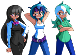 Size: 2187x1566 | Tagged: safe, artist:kurus22, dj pon-3, lyra heartstrings, octavia melody, vinyl scratch, human, g4, armpits, humanized, simple background, smiling, smirk, transparent background