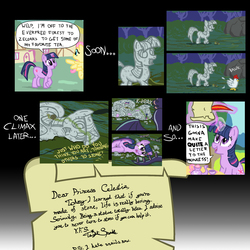 Size: 2000x2000 | Tagged: safe, artist:flavinbagel, elizabeak, fluttershy, twilight sparkle, cockatrice, g4, stare master, comic, high res, petrification