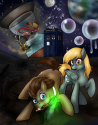Size: 1710x2180 | Tagged: safe, artist:jitterbugjive, derpy hooves, discord, doctor whooves, time turner, draconequus, earth pony, pegasus, pony, ask discorded whooves, lovestruck derpy, g4, antagonist, bubble, crossover, doctor who, earth, equus, female, hourglass, mare, moon, mouth hold, necktie, planet, shadow, sonic screwdriver, space, tardis, the doctor, trio