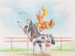 Size: 1024x758 | Tagged: safe, artist:cannibalus, applejack, cow, earth pony, pony, g4, cloven hooves, cowboy hat, female, hat, mare, mouth hold, riding, rodeo, rope, solo, traditional art, udder, watercolor painting