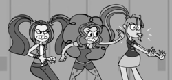 Size: 4000x1875 | Tagged: safe, artist:scobionicle99, adagio dazzle, aria blaze, sonata dusk, equestria girls, g4, monochrome, slap, the dazzlings, the three stooges