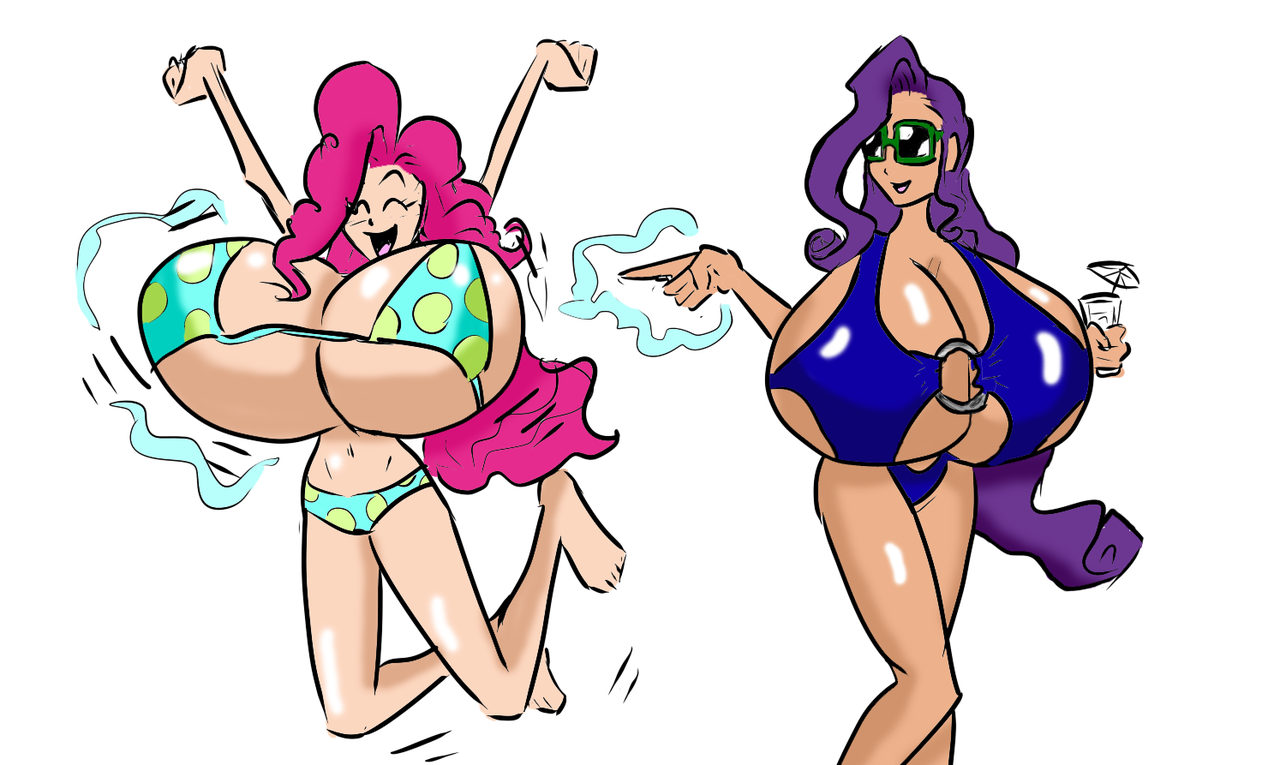 747814 - questionable, artist:jonfreeman, artist:kando123, color edit,  edit, pinkie pie, rarity, human, g4, belly button, big breasts, bikini, breast  expansion, breasts, busty pinkie pie, busty rarity, clothes, colored,  female, hips, huge breasts,