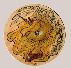 Size: 450x431 | Tagged: safe, artist:maytee, princess luna, pony, g4, female, portrait, profile, pyrography, solo, traditional art, woodwork