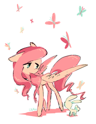 Size: 600x768 | Tagged: safe, artist:lillynya, angel bunny, fluttershy, butterfly, pony, g4, female, looking at something, simple background, solo, spread wings, turned head, white background, wings