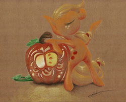 Size: 1722x1406 | Tagged: safe, artist:getchanoodlewet, applejack, earth pony, pony, g4, bipedal, eyes closed, female, jack-o-lantern, pumpkin, solo, traditional art