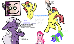 Size: 900x540 | Tagged: safe, artist:drizzlefag, pinkie pie, oc, oc:disastral, oc:drizzle spark, g4, flask, flockmod, hand, microphone