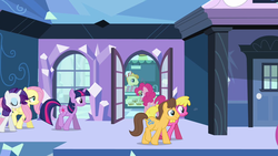 Size: 1280x720 | Tagged: safe, screencap, caramel, cherry berry, fluttershy, pinkie pie, rarity, twilight sparkle, g4, games ponies play, my little pony: friendship is magic, female, male, mare, open door, stallion, sugar glass, walking, window