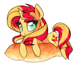 Size: 632x536 | Tagged: dead source, safe, artist:suzuii, sunset shimmer, pony, unicorn, g4, female, lying, pillow, simple background, smiling, solo, transparent background