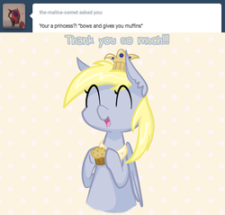 Size: 575x550 | Tagged: dead source, safe, artist:nyanpegasus, derpy hooves, alicorn, pegasus, pony, ask princess derpy, g4, ^^, ask, crown, cute, derpabetes, eyes closed, jewelry, muffin, peytral, regalia, simple background, tumblr