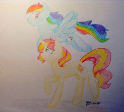 Size: 2046x1844 | Tagged: safe, artist:keldeodurp, rainbow dash, sunset shimmer, pony, g4, female, flying, happy, lesbian, shipping, sunsetdash, traditional art