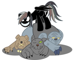 Size: 1000x825 | Tagged: safe, artist:gamerpen, fido, rainbow dash, rover, spot, diamond dog, pegasus, pony, g4, crossover, female, male, mare, simple background, spider-man, symbiote, transparent background, venom