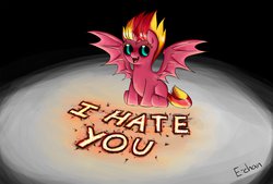 Size: 1088x735 | Tagged: safe, artist:mornincloud, sunset shimmer, pony, g4, chibi, cute, fangs, filly, i hate you, ponified, shimmerbetes, solo, sunset satan