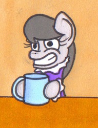 Size: 376x492 | Tagged: safe, artist:bobthedalek, edit, octavia melody, earth pony, pony, g4, bobthedalek, clothes, coffee, cropped, dress, faic, female, filly, grin, hyperactive, hypertavia, mug, solo, why, xk-class end-of-the-world scenario, younger