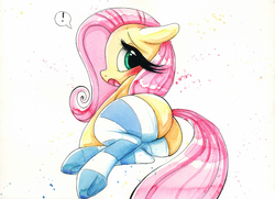 Size: 1073x775 | Tagged: safe, artist:prettypinkpony, fluttershy, pegasus, pony, g4, blushing, butt, clothes, female, from behind, impossibly long eyelashes, long eyelashes, mare, open mouth, plot, socks, solo, striped socks, traditional art, watercolor painting