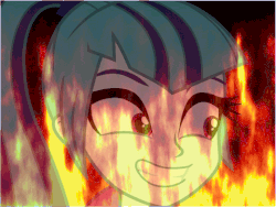 Size: 480x360 | Tagged: safe, sonata dusk, equestria girls, g4, my little pony equestria girls: rainbow rocks, animated, female, fire, grin, pure unfiltered evil, realzies, smiling, solo, some men just want to watch the world burn, wide eyes
