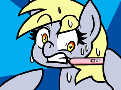 Size: 636x474 | Tagged: safe, artist:outofworkderpy, derpy hooves, pegasus, pony, g4, abstract background, equestria's best mother, eyebrows, eyebrows visible through hair, female, gritted teeth, mare, meme, outofworkderpy, pregnancy test, pregnancy test meme, pregnant, solo, sweat, unwanted pregnancy