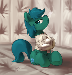 Size: 760x800 | Tagged: safe, artist:ajin, oc, oc only, oc:poison trail, earth pony, pony, bondage, padded cell, pouting, solo, straitjacket