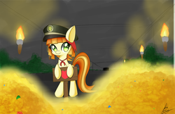 Size: 5950x3850 | Tagged: safe, artist:kawaiipony2, tag-a-long, earth pony, pony, g4, female, filly, filly guides, gem, gold, hat, hoard, ribbon, solo, thin mint, torch, treasure