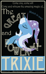 Size: 791x1261 | Tagged: safe, artist:mane-iac, artist:rariedash, trixie, alicorn, pony, unicorn, g4, clothes, coat, eyes closed, female, floppy ears, hat, hooves, horn, lineless, mare, poster, profile, solo, text, vector, wings