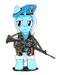 Size: 900x1135 | Tagged: safe, artist:buckweiser, trixie, pony, unicorn, g4, beret, camouflage, clothes, female, fn fal, gun, mare, peacekeeper, solo, uniform, united nations
